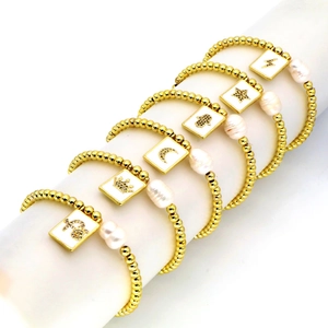 Fashion Gold Copper Bead Stretch Bracelet With Artificial Baroque Pearl And Square Enamel Charm Star Moon Crown Hamsa Pattern Jewelry