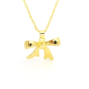 Elegant gold-tone bow pendant necklace with a fine water wave chain on white background