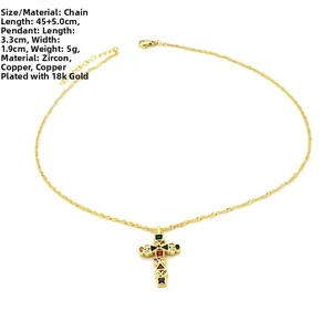 Detail view of 18k gold plated necklace with colorful zircon cross pendant dimensions