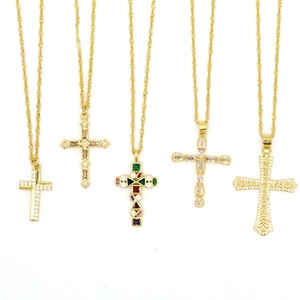 Vintage Copper Colorful Zircon Cross Pendant Necklace Gold Plated Hip Hop Jewelry For Women Adjustable Rope Chain Gift