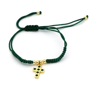 Handmade dark green braided rope bracelet with a gold-plated zircon cross pendant