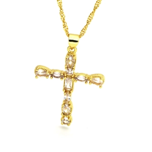 Vintage golden cross pendant necklace with colorful zircon stones on a twisted chain