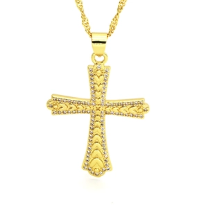 Vintage gold cross pendant necklace with colorful heart patterns and crystal inlays