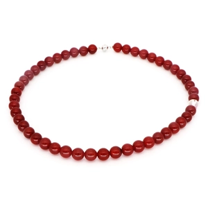 Natural red agate beaded necklace with convenient silver magnetic clasp on white background