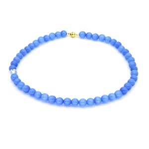 Blue cat-eye agate beaded choker necklace with golden clasp for women on white background