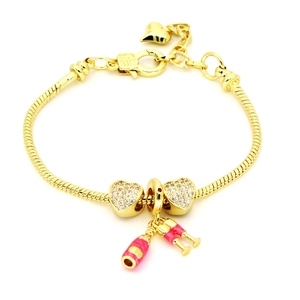 Gold plated snake chain bracelet featuring pink enamel wine bottle and heart charms with zircon