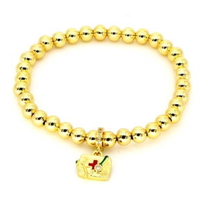 Gold-plated beaded bracelet with zircon-encrusted medical square charm and cross