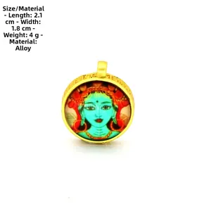 Detailed view of alloy Thangka pendant showing 2.1cm size and engraved gold frame