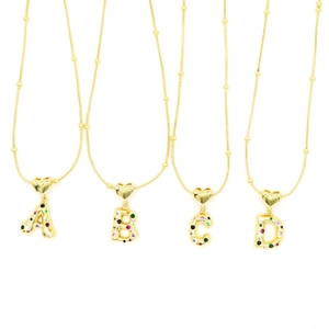 18K Gold Plated Copper Colorful Zircon Alphabet Pendant Necklace Heart Connector Bubble Letter Snake Chain Women Jewelry