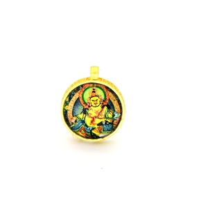 Ethnic style round Thangka pendant with golden frame featuring Tibetan Buddhist Deity