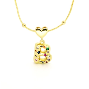 18k gold plated heart necklace with colorful zircon letter B pendant and snake chain