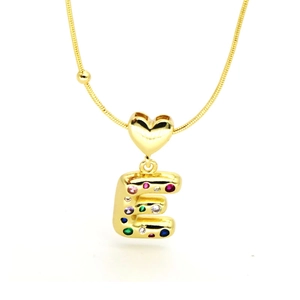 18k gold plated heart pendant necklace with colorful zircon letter E on snake chain