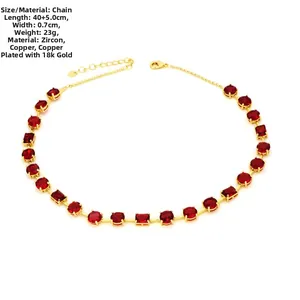 Detail of red zircon necklace in 18k gold plating featuring round and emerald cuts
