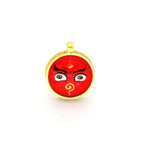 Ethnic gold round pendant with red traditional Wisdom Eyes pattern for good fortune