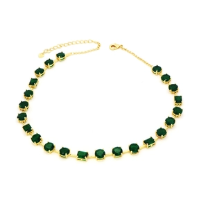 Elegant gold necklace with rectangular and round emerald green faceted gemstones
