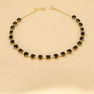 Bamboo style gold necklace with alternating round and square black zircon pendants