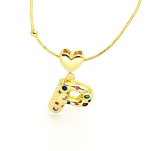 Detail of 18k gold heart clasp and letter P pendant with colorful zircon stones