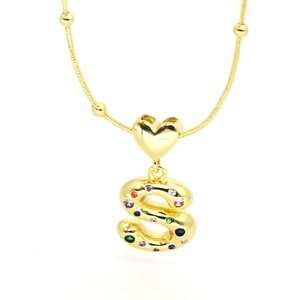 Detail view of 18k gold plated heart necklace with colorful zircon encrusted S pendant