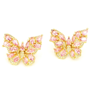 Elegant gold butterfly stud earrings with pink marquise crystals and sparkling diamonds
