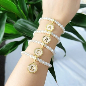 Women Minimalist Imitation Artificial Pearl Bracelet Pink Enamel Initial Letter Pendant Adjustable Gold Plated Copper Chain Jewelry