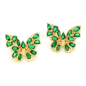 Elegant gold butterfly stud earrings with emerald green gemstones and sparkling white zircons