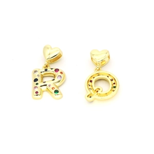 Detail of heart-shaped clasp and 18k gold plated letter pendants with colorful zircons