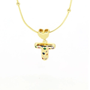Detailed close-up of 18k gold plated heart pendant with colorful zircon letter T charms