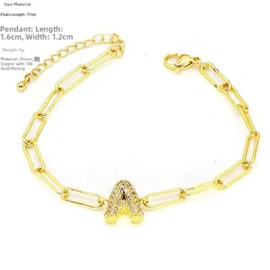 Detail of 18k gold plated paperclip chain bracelet with zircon A-letter pendant size specs