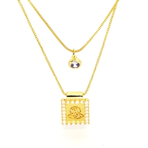 Collier double épaisseur doré avec zircon violet et pendentif rectangulaire à perles