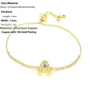 Detail view of 18k gold plated letter A bracelet with zircon pendant and dimensions
