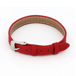 Detailed macro of red leather strap bracelet featuring classic silver metal buckle and stitching