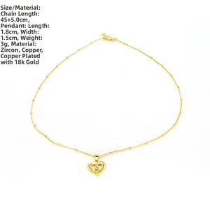 18k gold plated hollow heart pendant with letter A, measuring 1.8x1.5cm on a 45+5cm chain