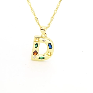 Rainbow cubic zirconia letter D pendant necklace in gold plated stainless steel