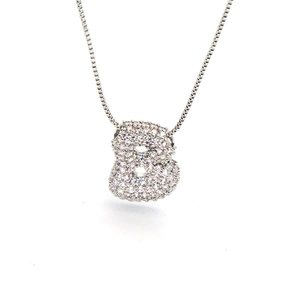Detail of zircon-encrusted bubble letter B pendant on a silver box chain necklace