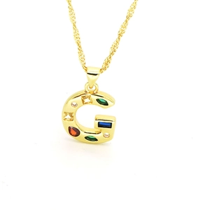 Golden necklace with letter G pendant featuring multicolored zircon stones on water wave chain