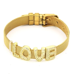 Gold mesh bracelet with LOVE letter charms and sparkling stones in watch strap style