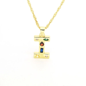 Detail of gold-plated letter I pendant featuring multi-colored cubic zirconia stones