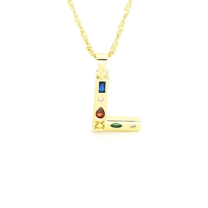Detail of gold letter L necklace pendant with colorful multi-shape zirconia stones