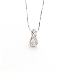 Detailed close-up of a silver zircon-studded balloon letter pendant on a fine box chain