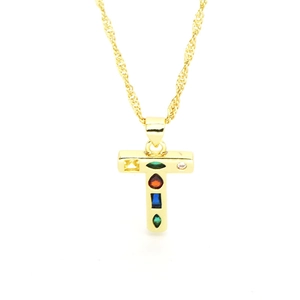 Detailed close-up of gold T-letter necklace featuring vibrant multi-color zircon stones