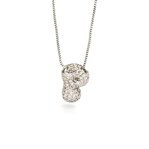 Macro view of crystal-encrusted balloon letter P pendant with a shiny box chain