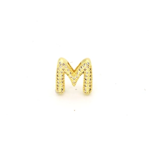 Detailed view of a gold-plated letter M pendant with micro-pave sparkling crystals