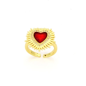 Vintage gold open ring with red enamel heart, halo crystals, and radial sunburst design