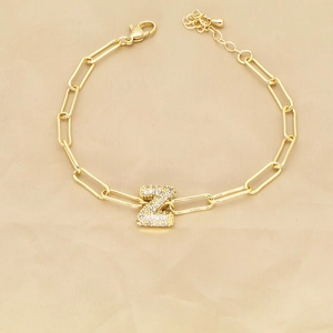 Detail of 18k gold paperclip chain bracelet featuring a zircon-encrusted letter Z charm