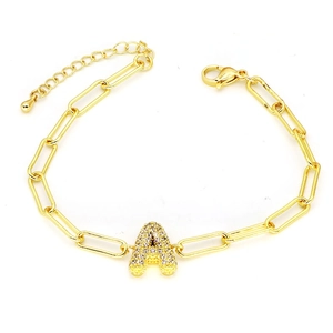 Adjustable gold paperclip link bracelet with cubic zirconia letter A bubble pendant