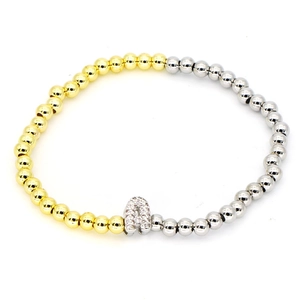Two-tone 18k gold and silver beaded bracelet with micro-pave zircon letter A pendant