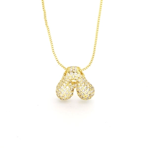Puffy golden letter A balloon pendant necklace with cubic zirconia pave and box chain
