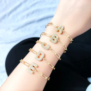 18K Gold Plated Copper Zirconia Bubble Balloon Initial Letter Bracelet For Women Paperclip Chain Adjustable Hip Hop Jewelry