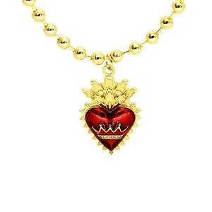 Collier baroque à perles dorées avec pendentif cœur émaillé rouge et couronne