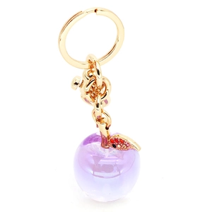 Sparkling purple apple keychain with gold leaf and red rhinestones for bag decoration